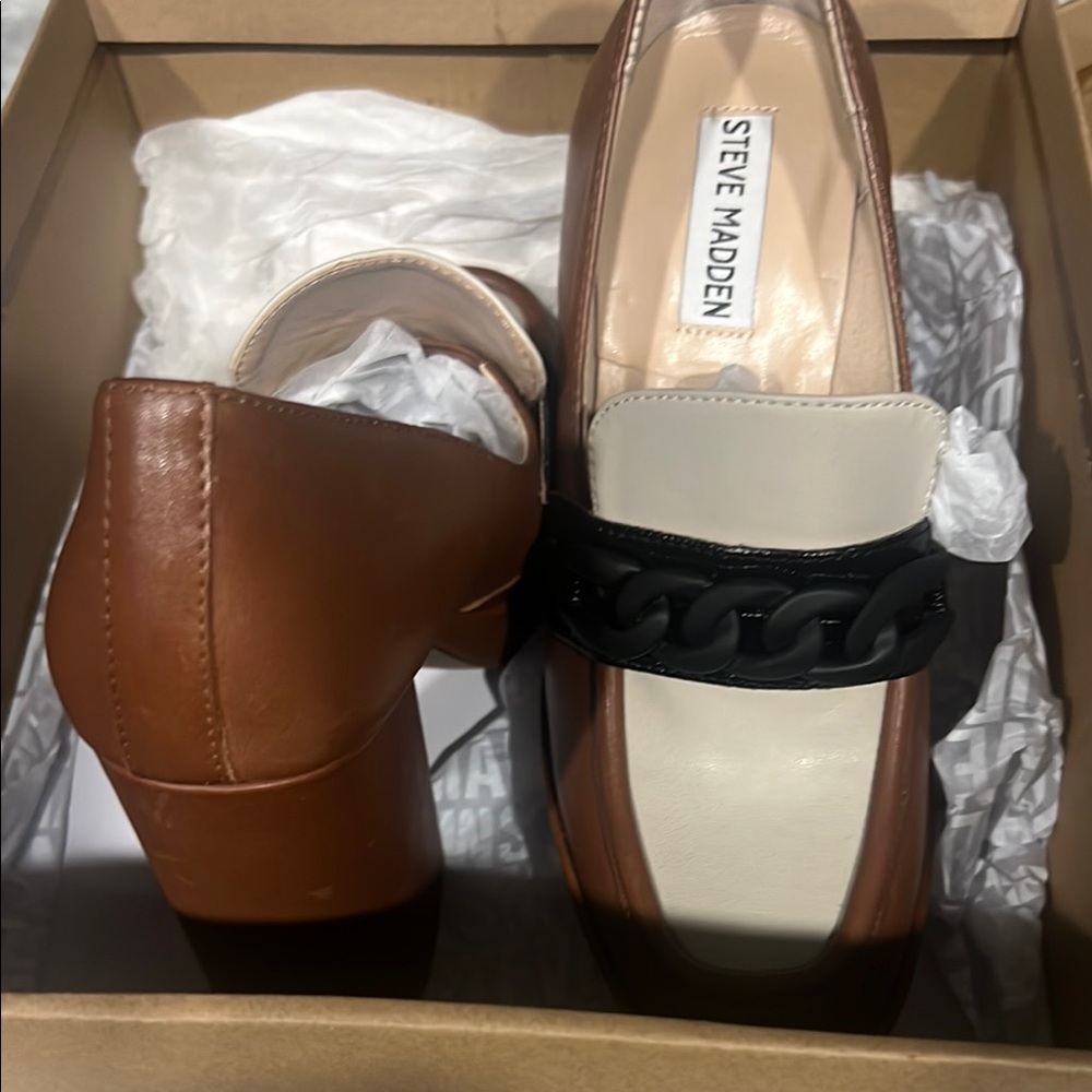 Steve Madden Brown Tan Cream Black Block Heel Loafers platform heels